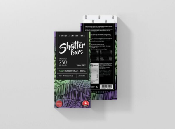 Euphoria Extractions – Shatter Bars – Vegan Dark Chocolate (Sugar Free) – Indica – 250mg THC | Kootenay Botanicals Canada